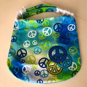 Blue Green Peace Sign Cotton Canvas Crossbody Shoulder Bag Bohemian Hippie Bag